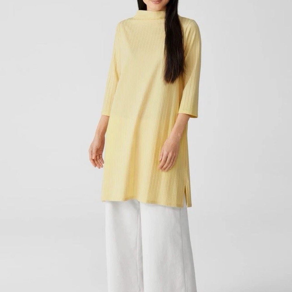 Eileen Fisher Yellow Midi Dress with 3/4 Sleeves and Mandarin Collar